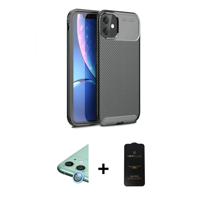 MARSİLYAN™- iPhone 11 Kılıf Eksen Form Prime - Siyah 6D Antistatik Mat Seramik Hayalet Nano Ekran Koruyucu + Raze Metal Kamera Lens - MI