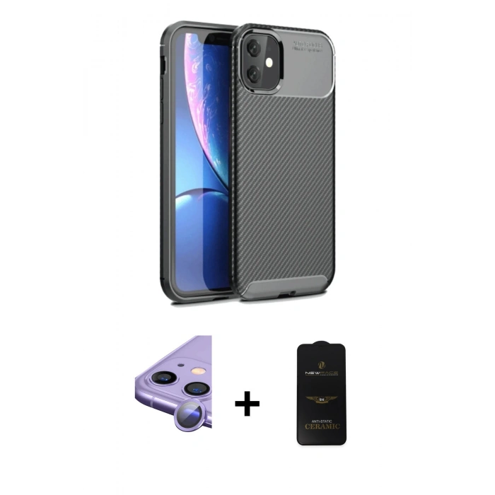 MARSİLYAN™- iPhone 11 Kılıf Eksen Form Prime - Siyah 6D Antistatik Mat Seramik Hayalet Nano Ekran Koruyucu + Raze Metal Kamera Lens - MR