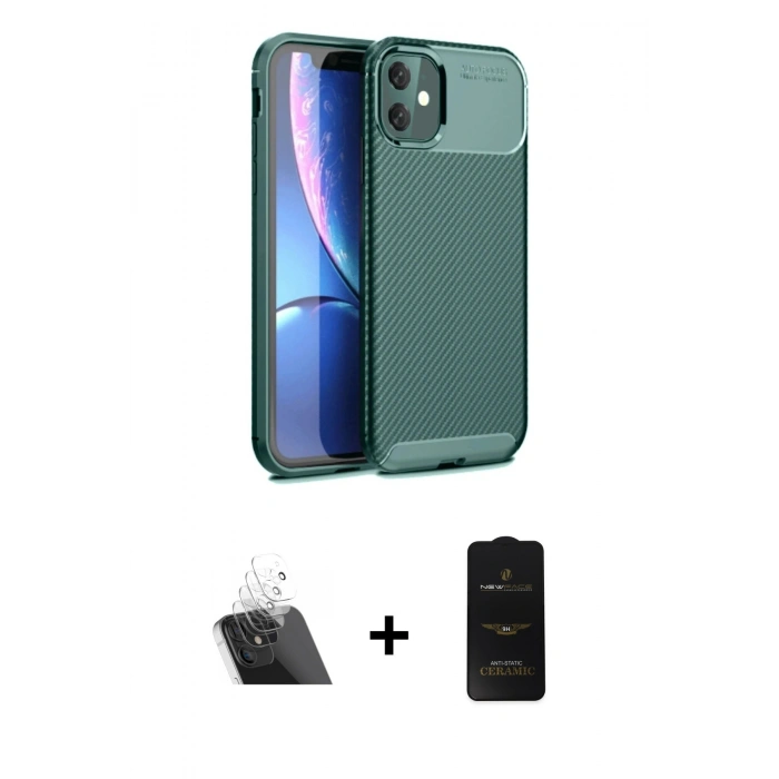 MARSİLYAN™- iPhone 11 Kılıf Eksen Form Prime - Siyah 6D Antistatik Mat Seramik Hayalet Nano Ekran Koruyucu + Şeffaf Kamera Lens Koruma Cam