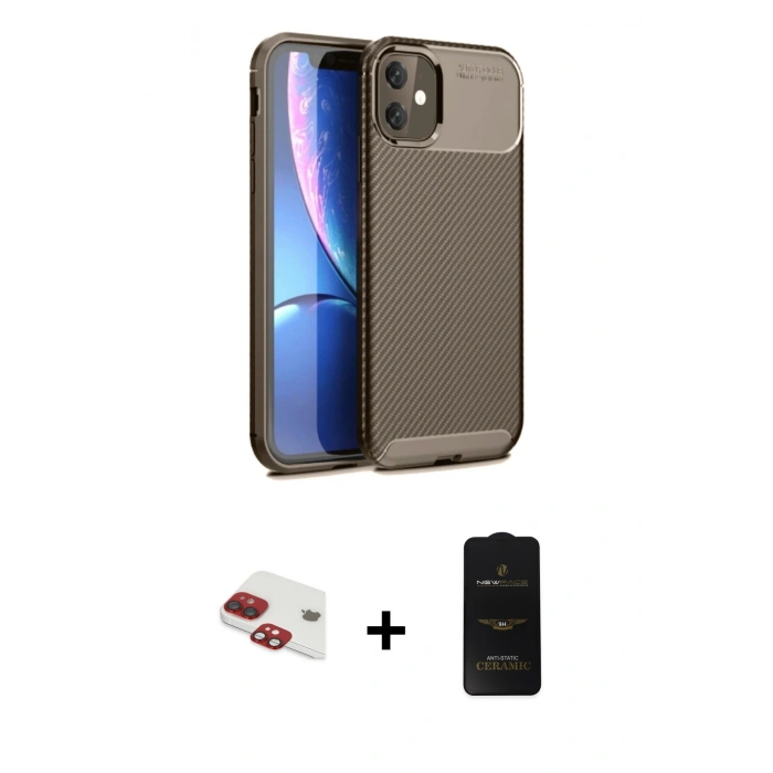 MARSİLYAN™- iPhone 11 Kılıf Eksen Form Prime - Siyah 6D Antistatik Mat Seramik Hayalet Nano Ekran Koruyucu + Pers Alüminyum Kamera Lens - KI
