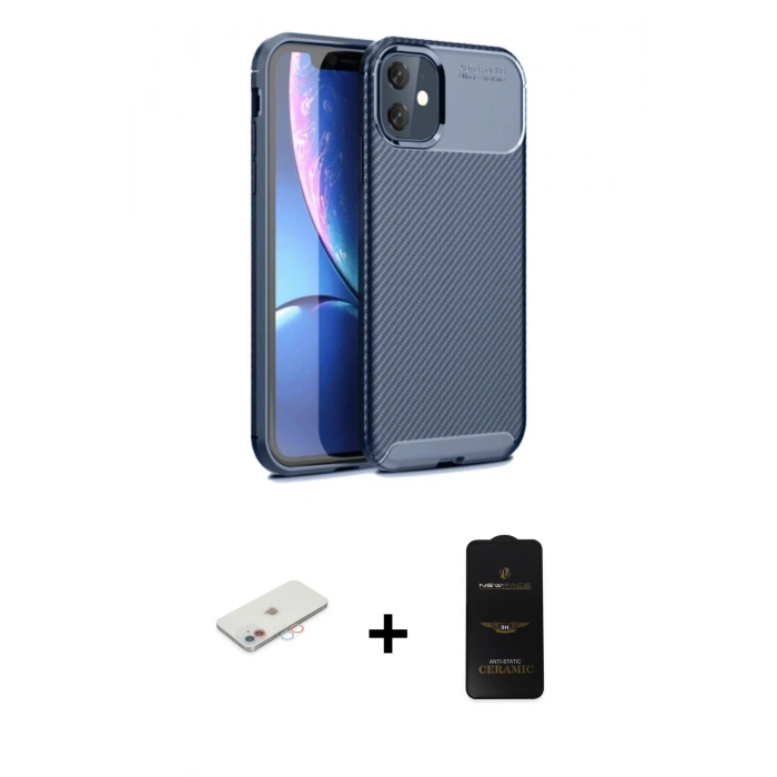 MARSİLYAN™- iPhone 11 Kılıf Eksen Form Prime - Siyah 6D Antistatik Mat Seramik Hayalet Nano Ekran Koruyucu + Renkli Kamera Lens Koruma Cam - PE