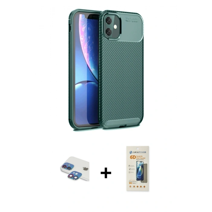 MARSİLYAN™- iPhone 11 Kılıf Eksen Form Prime - Siyah 6D Mat Seramik Hayalet Nano Ekran Koruyucu + Gökkuşağı Pers Alüminyum Kamera Lens