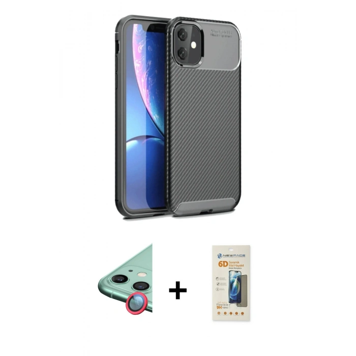 MARSİLYAN™- iPhone 11 Kılıf Eksen Form Prime - Siyah 6D Mat Seramik Hayalet Nano Ekran Koruyucu + Raze Metal Kamera Lens - KI