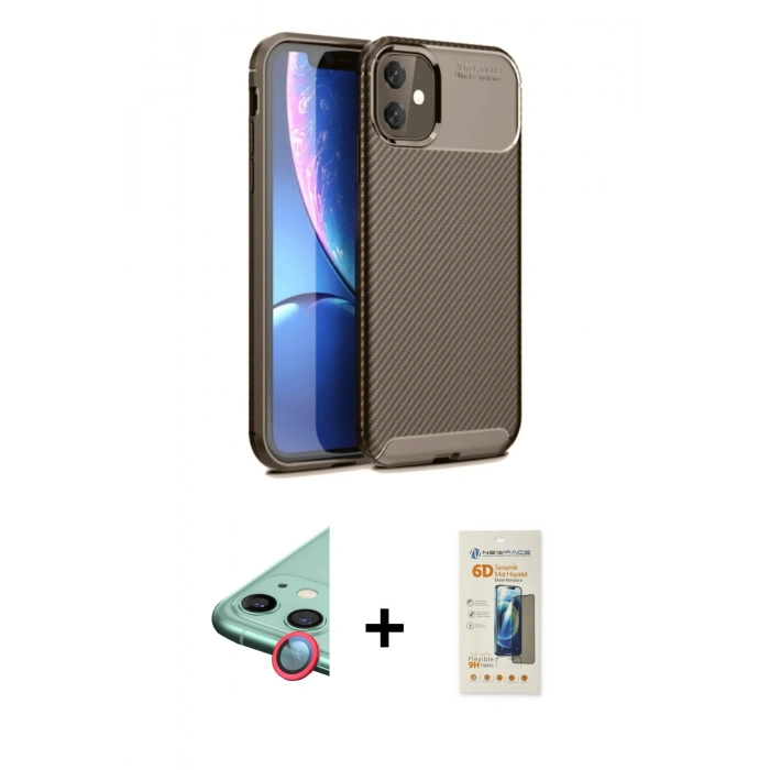 MARSİLYAN™- iPhone 11 Kılıf Eksen Form Prime - Siyah 6D Mat Seramik Hayalet Nano Ekran Koruyucu + Raze Metal Kamera Lens - KI