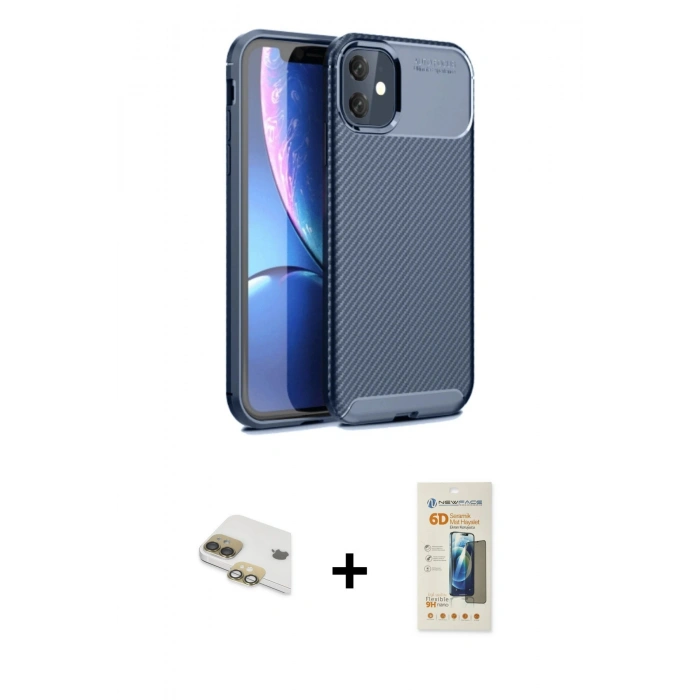 MARSİLYAN™- iPhone 11 Kılıf Eksen Form Prime - Siyah 6D Mat Seramik Hayalet Nano Ekran Koruyucu + Pers Alüminyum Kamera Lens - GD