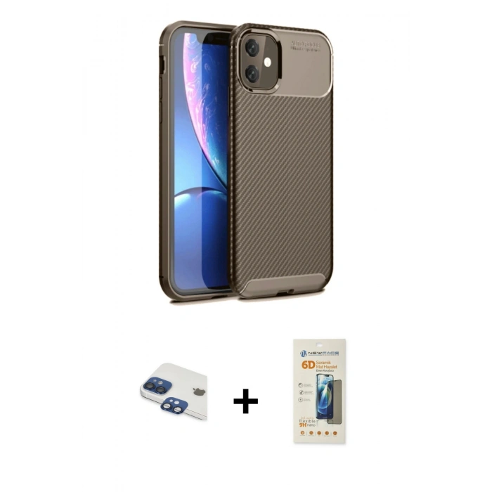 MARSİLYAN™- iPhone 11 Kılıf Eksen Form Prime - Siyah 6D Mat Seramik Hayalet Nano Ekran Koruyucu + Pers Alüminyum Kamera Lens - LT
