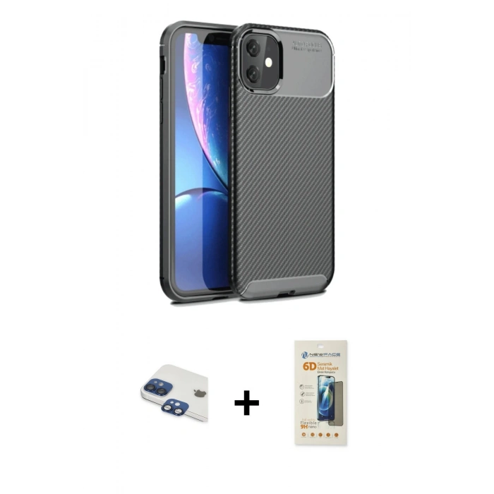 MARSİLYAN™- iPhone 11 Kılıf Eksen Form Prime - Siyah 6D Mat Seramik Hayalet Nano Ekran Koruyucu + Pers Alüminyum Kamera Lens - LT