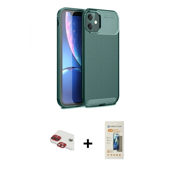 MARSİLYAN™- iPhone 11 Kılıf Eksen Form Prime - Siyah 6D Mat Seramik Hayalet Nano Ekran Koruyucu + Pers Alüminyum Kamera Lens - KI
