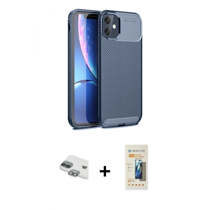 MARSİLYAN™- iPhone 11 Kılıf Eksen Form Prime - Siyah 6D Mat Seramik Hayalet Nano Ekran Koruyucu + Pers Alüminyum Kamera Lens - YL