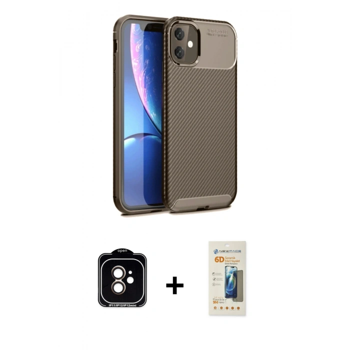 MARSİLYAN™- iPhone 11 Kılıf Eksen Form Prime - Siyah 6D Mat Seramik Hayalet Nano Ekran Koruyucu + PVD Metal Kamera Lens - TU