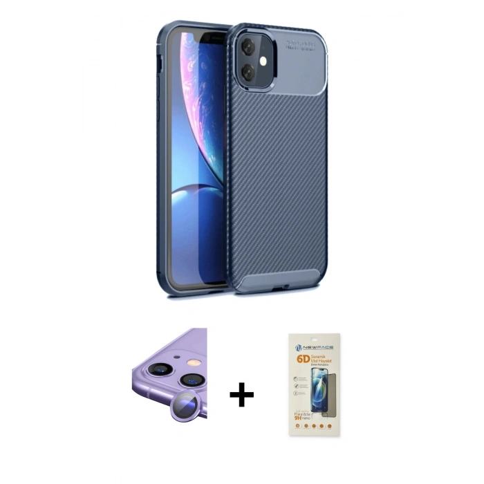 MARSİLYAN™- iPhone 11 Kılıf Eksen Form Prime - Siyah 6D Mat Seramik Hayalet Nano Ekran Koruyucu + Raze Metal Kamera Lens - MR