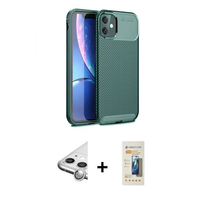 MARSİLYAN™- iPhone 11 Kılıf Eksen Form Prime - Siyah 6D Mat Seramik Hayalet Nano Ekran Koruyucu + Raze Metal Kamera Lens - GS