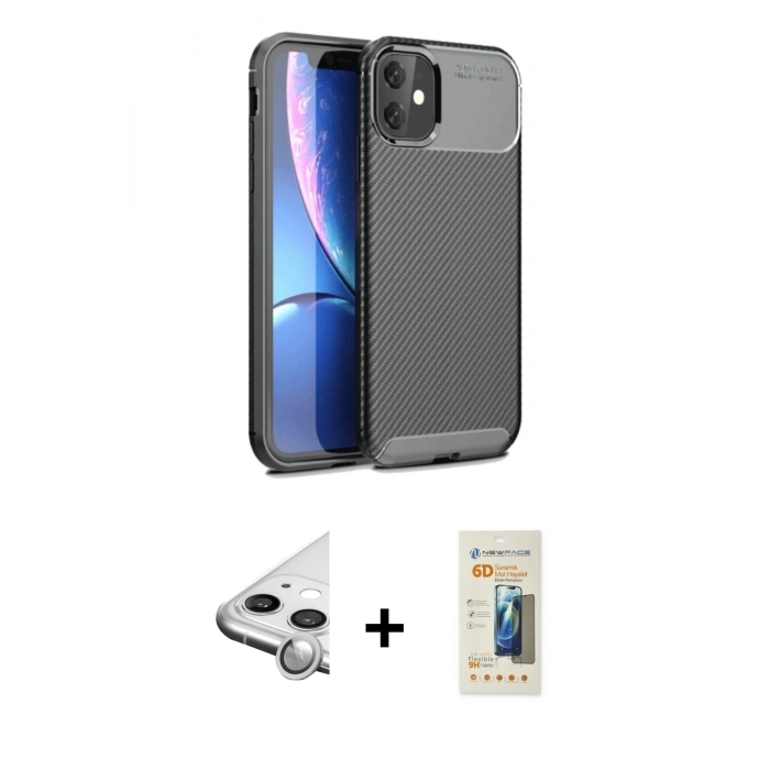MARSİLYAN™- iPhone 11 Kılıf Eksen Form Prime - Siyah 6D Mat Seramik Hayalet Nano Ekran Koruyucu + Raze Metal Kamera Lens - GS