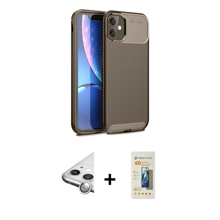 MARSİLYAN™- iPhone 11 Kılıf Eksen Form Prime - Siyah 6D Mat Seramik Hayalet Nano Ekran Koruyucu + Raze Metal Kamera Lens - GS