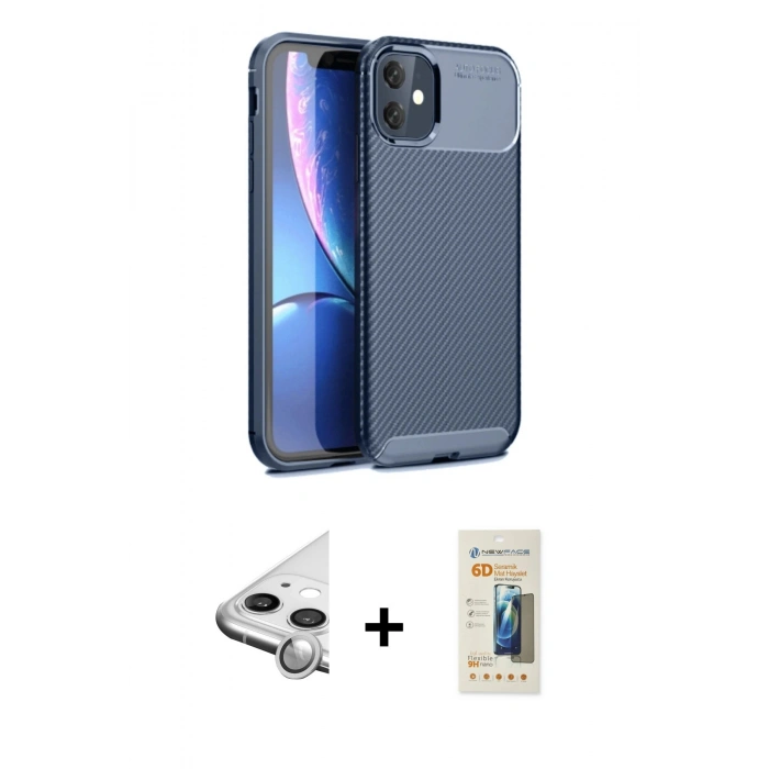 MARSİLYAN™- iPhone 11 Kılıf Eksen Form Prime - Siyah 6D Mat Seramik Hayalet Nano Ekran Koruyucu + Raze Metal Kamera Lens - GS