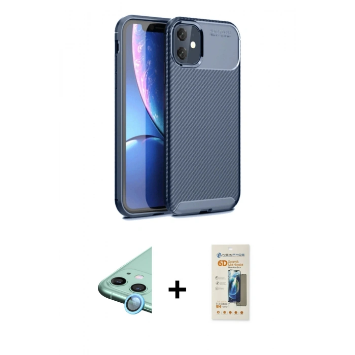 MARSİLYAN™- iPhone 11 Kılıf Eksen Form Prime - Siyah 6D Mat Seramik Hayalet Nano Ekran Koruyucu + Raze Metal Kamera Lens - MI