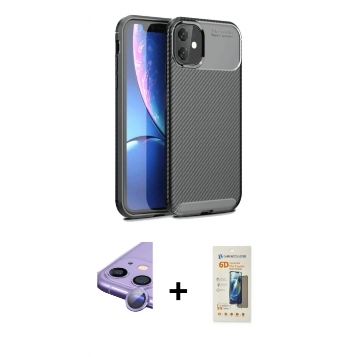 MARSİLYAN™- iPhone 11 Kılıf Eksen Form Prime - Siyah 6D Mat Seramik Hayalet Nano Ekran Koruyucu + Raze Metal Kamera Lens - MR