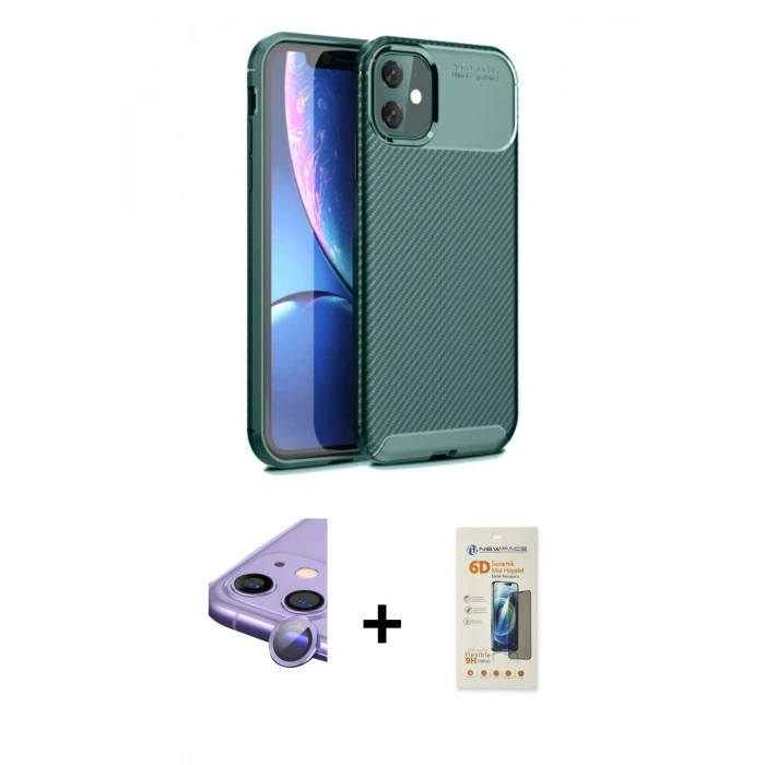 MARSİLYAN™- iPhone 11 Kılıf Eksen Form Prime - Siyah 6D Mat Seramik Hayalet Nano Ekran Koruyucu + Raze Metal Kamera Lens - MR