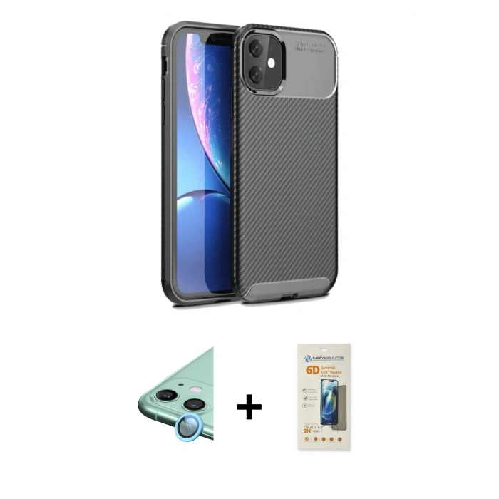 MARSİLYAN™- iPhone 11 Kılıf Eksen Form Prime - Siyah 6D Mat Seramik Hayalet Nano Ekran Koruyucu + Raze Metal Kamera Lens - MI