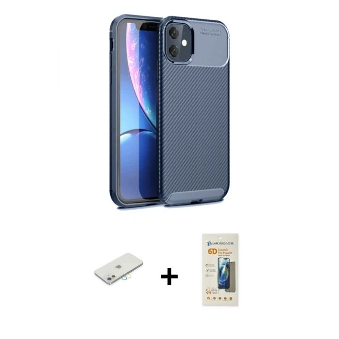 MARSİLYAN™- iPhone 11 Kılıf Eksen Form Prime - Siyah 6D Mat Seramik Hayalet Nano Ekran Koruyucu + Renkli Kamera Lens Koruma Cam - SI