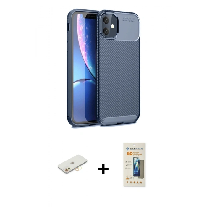 MARSİLYAN™- iPhone 11 Kılıf Eksen Form Prime - Siyah 6D Mat Seramik Hayalet Nano Ekran Koruyucu + Renkli Kamera Lens Koruma Cam - SI