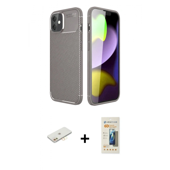 MARSİLYAN™- iPhone 11 Kılıf Eksen Form Prime - Siyah 6D Mat Seramik Hayalet Nano Ekran Koruyucu + Renkli Kamera Lens Koruma Cam - SI