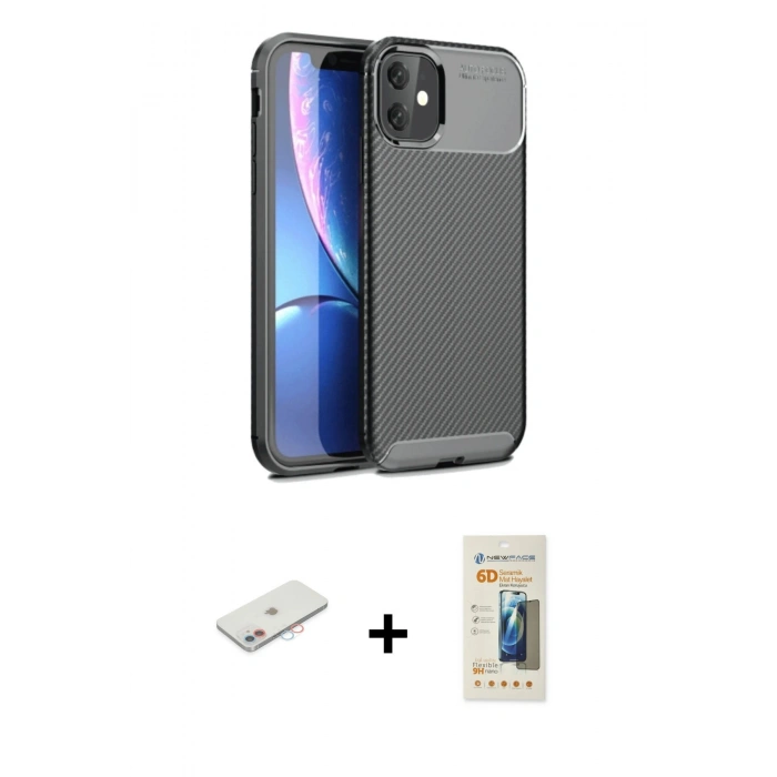 MARSİLYAN™- iPhone 11 Kılıf Eksen Form Prime - Siyah 6D Mat Seramik Hayalet Nano Ekran Koruyucu + Renkli Kamera Lens Koruma Cam - PE