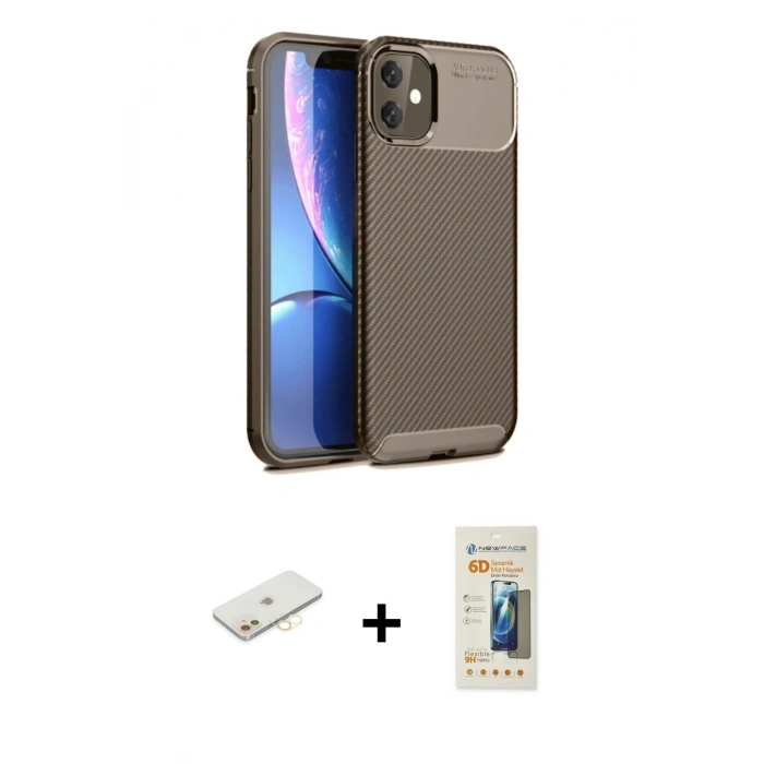 MARSİLYAN™- iPhone 11 Kılıf Eksen Form Prime - Siyah 6D Mat Seramik Hayalet Nano Ekran Koruyucu + Renkli Kamera Lens Koruma Cam - SI