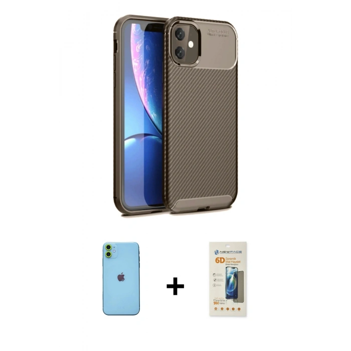 MARSİLYAN™- iPhone 11 Kılıf Eksen Form Prime - Siyah 6D Mat Seramik Hayalet Nano Ekran Koruyucu + Yeşil Neon Fosforlu Kamera Lens