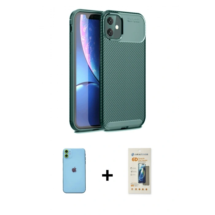 MARSİLYAN™- iPhone 11 Kılıf Eksen Form Prime - Siyah 6D Mat Seramik Hayalet Nano Ekran Koruyucu + Yeşil Neon Fosforlu Kamera Lens