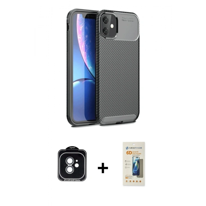 MARSİLYAN™- iPhone 11 Kılıf Eksen Form Prime - Siyah 6D Mat Seramik Hayalet Nano Ekran Koruyucu + PVD Metal Kamera Lens - YL