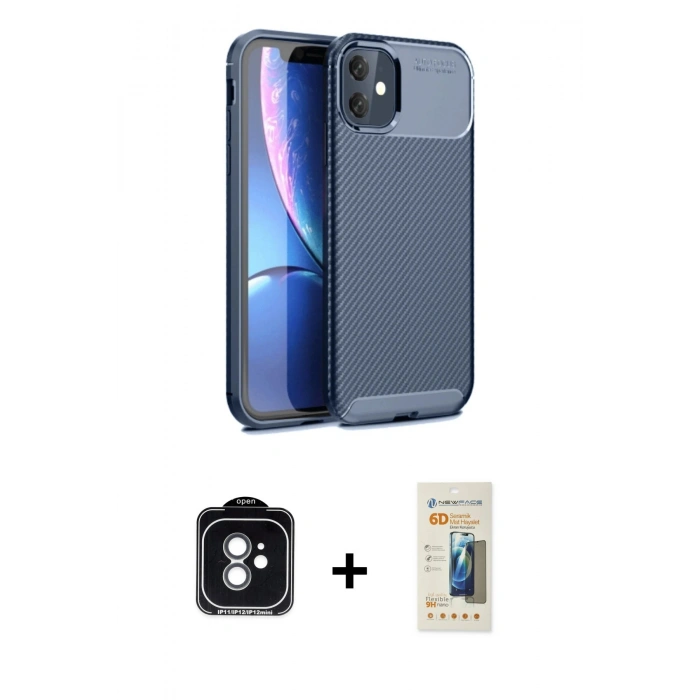 MARSİLYAN™- iPhone 11 Kılıf Eksen Form Prime - Siyah 6D Mat Seramik Hayalet Nano Ekran Koruyucu + PVD Metal Kamera Lens - YL