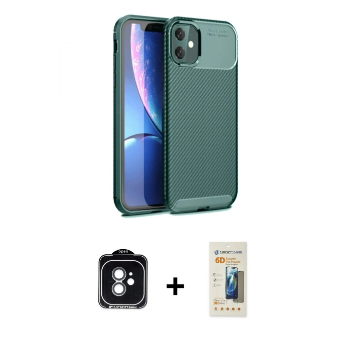 MARSİLYAN™- iPhone 11 Kılıf Eksen Form Prime - Siyah 6D Mat Seramik Hayalet Nano Ekran Koruyucu + PVD Metal Kamera Lens - YL