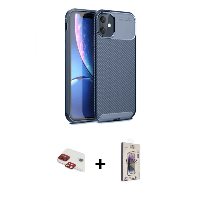 MARSİLYAN™- iPhone 11 Kılıf Eksen Form Prime - Siyah Bilvis 3D Cam Ekran Koruyucu + Pers Alüminyum Kamera Lens - KI