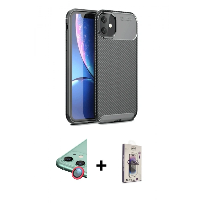 MARSİLYAN™- iPhone 11 Kılıf Eksen Form Prime - Siyah Bilvis 3D Cam Ekran Koruyucu + Raze Metal Kamera Lens - KI