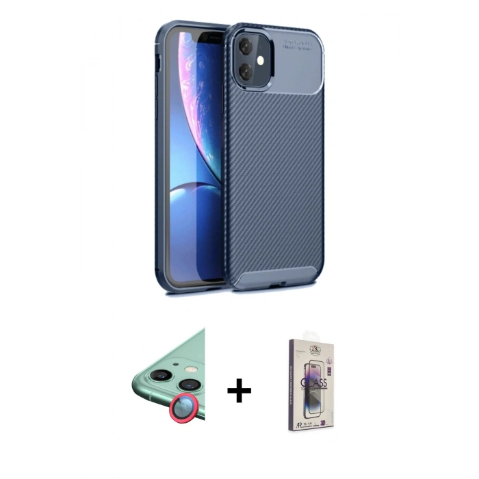 MARSİLYAN™- iPhone 11 Kılıf Eksen Form Prime - Siyah Bilvis 3D Cam Ekran Koruyucu + Raze Metal Kamera Lens - KI