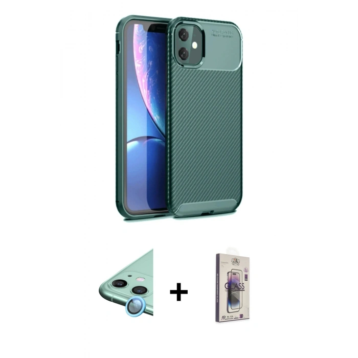 MARSİLYAN™- iPhone 11 Kılıf Eksen Form Prime - Siyah Bilvis 3D Cam Ekran Koruyucu + Raze Metal Kamera Lens - MI