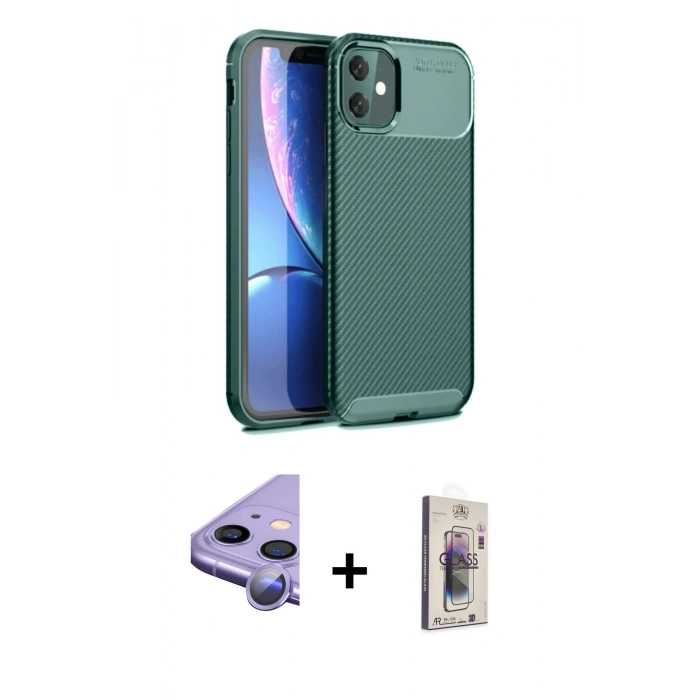 MARSİLYAN™- iPhone 11 Kılıf Eksen Form Prime - Siyah Bilvis 3D Cam Ekran Koruyucu + Raze Metal Kamera Lens - MR