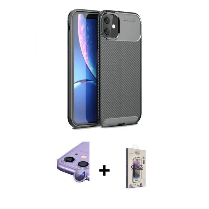 MARSİLYAN™- iPhone 11 Kılıf Eksen Form Prime - Siyah Bilvis 3D Cam Ekran Koruyucu + Raze Metal Kamera Lens - MR