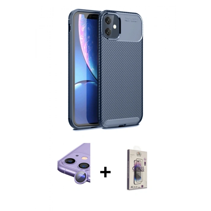 MARSİLYAN™- iPhone 11 Kılıf Eksen Form Prime - Siyah Bilvis 3D Cam Ekran Koruyucu + Raze Metal Kamera Lens - MR