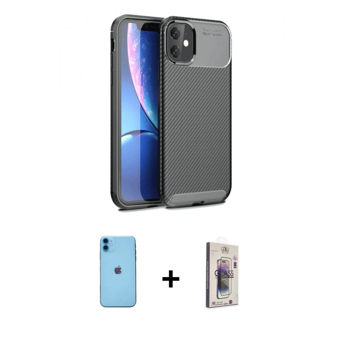MARSİLYAN™- iPhone 11 Kılıf Eksen Form Prime - Siyah Bilvis 3D Cam Ekran Koruyucu + Neon Fosforlu Kamera Lens - MI