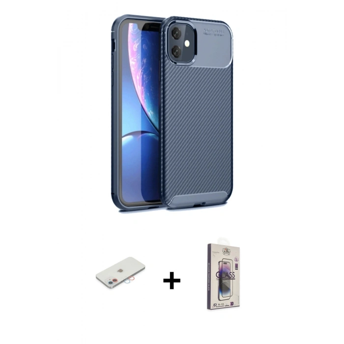 MARSİLYAN™- iPhone 11 Kılıf Eksen Form Prime - Siyah Bilvis 3D Cam Ekran Koruyucu + Renkli Kamera Lens Koruma Cam - PE