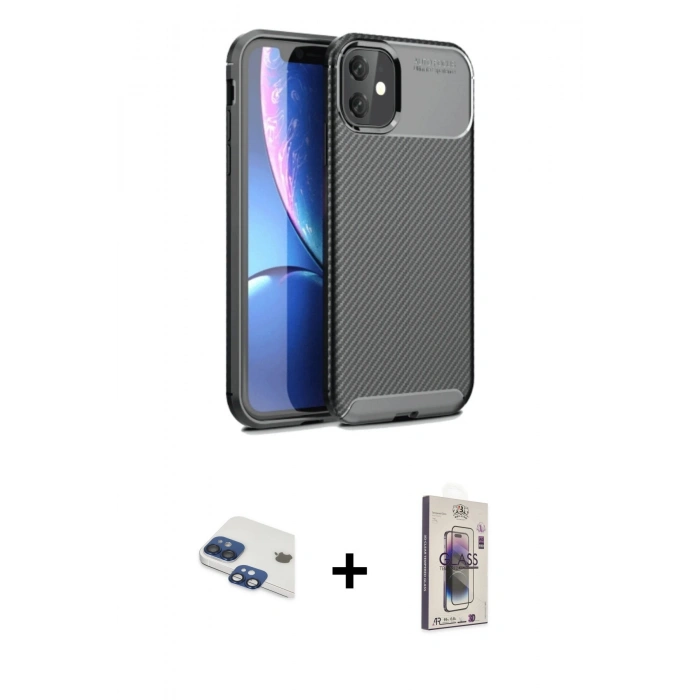 MARSİLYAN™- iPhone 11 Kılıf Eksen Form Prime - Siyah Bilvis 3D Cam Ekran Koruyucu + Pers Alüminyum Kamera Lens - LT
