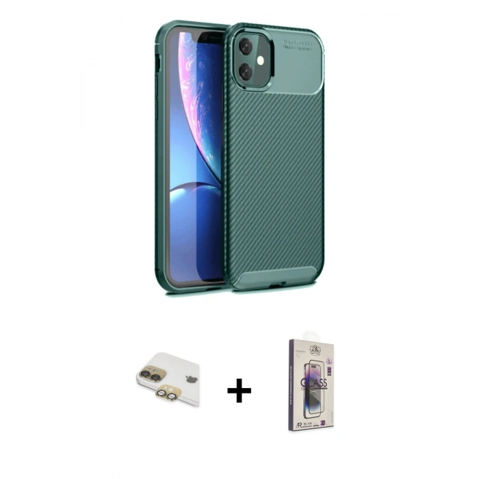 MARSİLYAN™- iPhone 11 Kılıf Eksen Form Prime - Siyah Bilvis 3D Cam Ekran Koruyucu + Pers Alüminyum Kamera Lens - GD