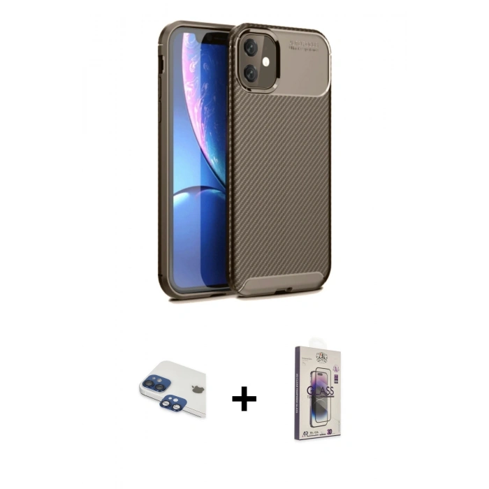 MARSİLYAN™- iPhone 11 Kılıf Eksen Form Prime - Siyah Bilvis 3D Cam Ekran Koruyucu + Pers Alüminyum Kamera Lens - LT