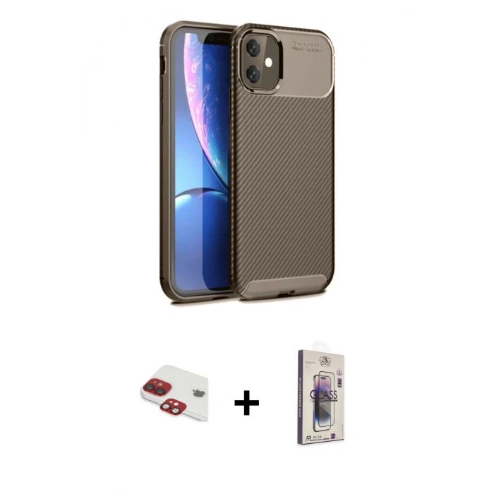 MARSİLYAN™- iPhone 11 Kılıf Eksen Form Prime - Siyah Bilvis 3D Cam Ekran Koruyucu + Pers Alüminyum Kamera Lens - KI
