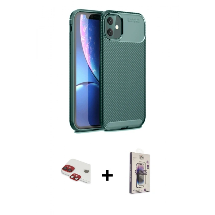 MARSİLYAN™- iPhone 11 Kılıf Eksen Form Prime - Siyah Bilvis 3D Cam Ekran Koruyucu + Pers Alüminyum Kamera Lens - KI