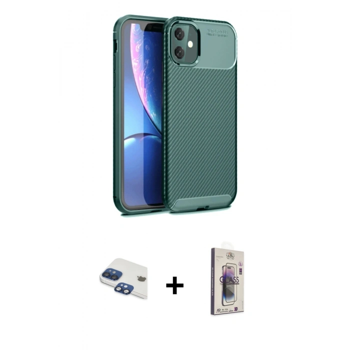 MARSİLYAN™- iPhone 11 Kılıf Eksen Form Prime - Siyah Bilvis 3D Cam Ekran Koruyucu + Pers Alüminyum Kamera Lens - LT
