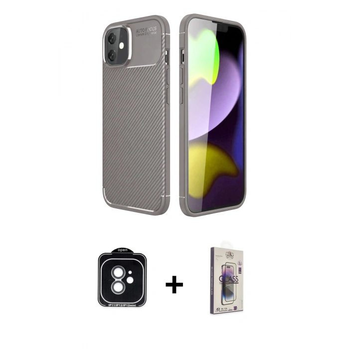 MARSİLYAN™- iPhone 11 Kılıf Eksen Form Prime - Siyah Bilvis 3D Cam Ekran Koruyucu + PVD Metal Kamera Lens - YL