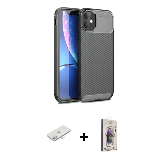 MARSİLYAN™- iPhone 11 Kılıf Eksen Form Prime - Siyah Bilvis 3D Cam Ekran Koruyucu + Renkli Kamera Lens Koruma Cam - SI